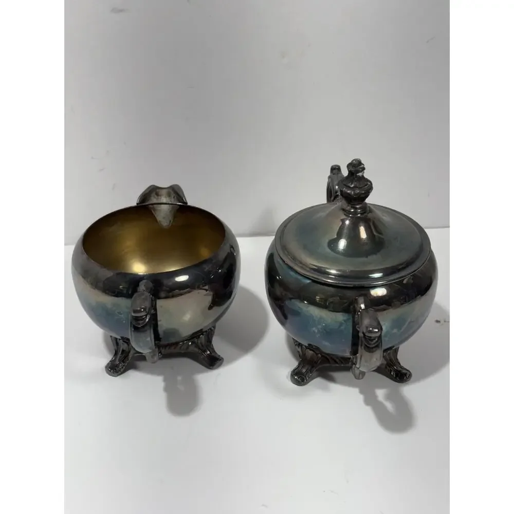 Vintage MCM Silver Plated Creamer and Lidded Sugar Set Inner Pearled Silverplate
